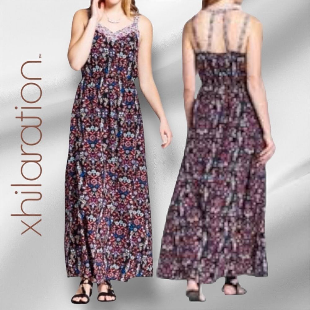 Xhilaration Black Floral Boho Strappy Maxi Dress
